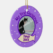 紫色私の初めてのクリスマスのカスタムな写真の名前猫 セラミックオーナメント (右)
