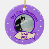 紫色私の初めてのクリスマスのカスタムな写真の名前猫 セラミックオーナメント (正面)