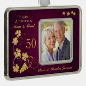 紫色第50の結婚記念日の金葉 シルバープレートフレームオーナメント (右)
