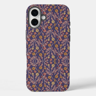 紫色背景の遊び心ある花とツル模様 iPhone 16 PLUSケース