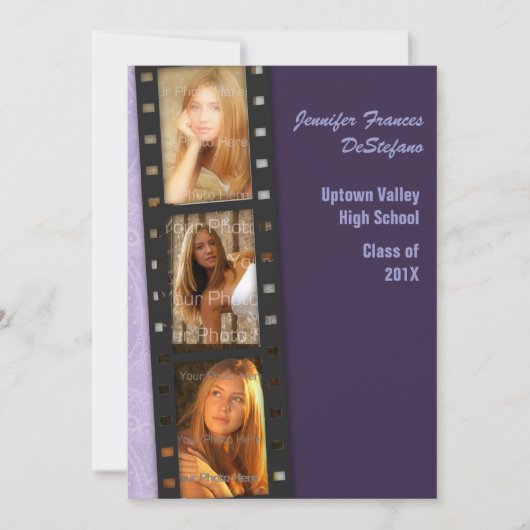 紫色色のブロックの卒業生の写真カード 案内状 (正面)