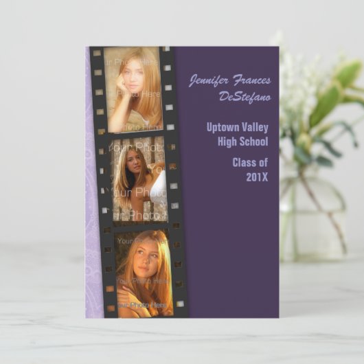 紫色色のブロックの卒業生の写真カード 案内状 (スタンド正面)