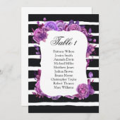 紫色花の結婚式座席表。テーブルプラン 招待状 (正面/裏面)