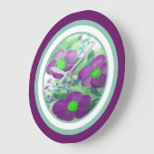 紫色花はっきりした付き壁掛け時計ティール(緑がかった色) ラージ壁時計 (傾斜)