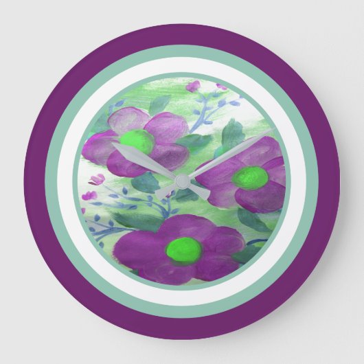 紫色花はっきりした付き壁掛け時計ティール(緑がかった色) ラージ壁時計 (正面)