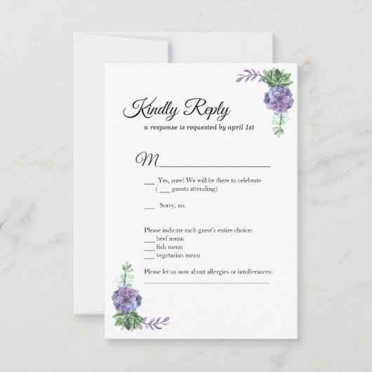 紫色花卉婚礼邀请函 回复卡 植物插图 招待状 (正面)