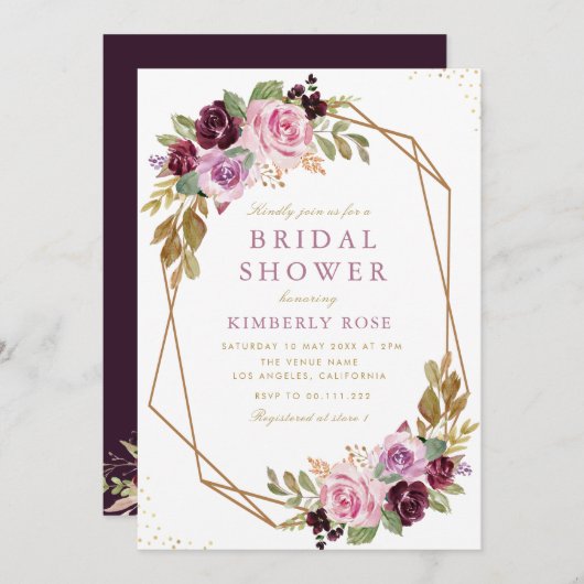 紫色花卉幾何婚前派對 招待状 (正面/裏面)