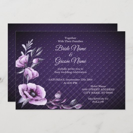 紫色花卉装饰婚礼请柬 招待状 (正面/裏面)
