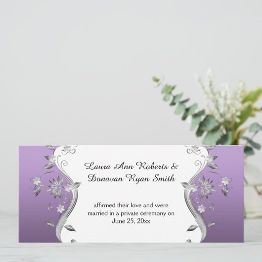 紫色華麗な銀の花と渦巻きの披露宴 招待状 (スタンド正面)