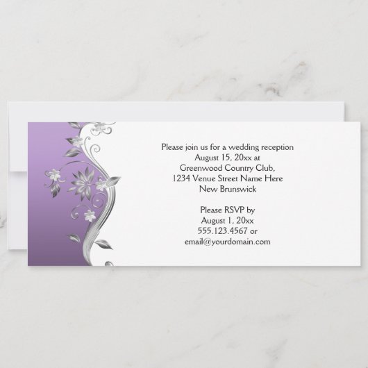 紫色華麗な銀の花と渦巻きの披露宴 招待状 (裏面)
