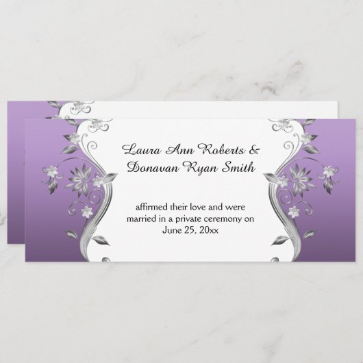 紫色華麗な銀の花と渦巻きの披露宴 招待状 (正面/裏面)