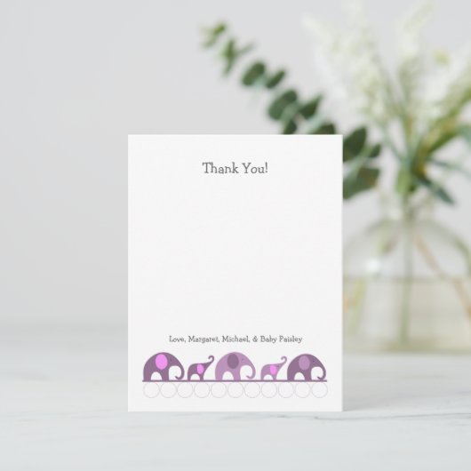紫色象のベビーシャワーはノート感謝していしています サンキューカード (スタンド正面)