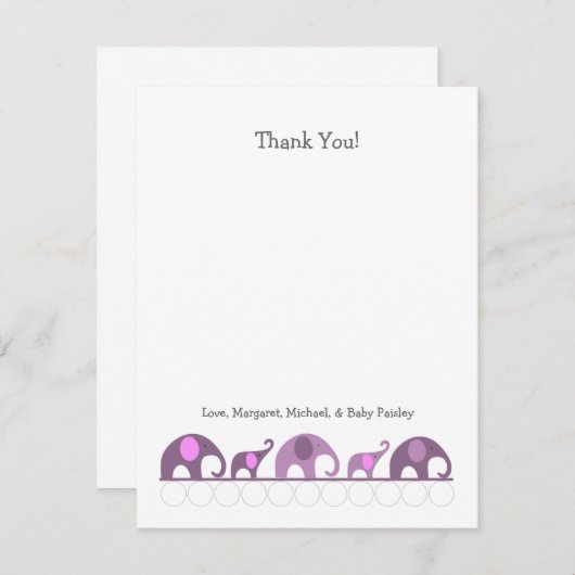 紫色象のベビーシャワーはノート感謝していしています サンキューカード (正面/裏面)