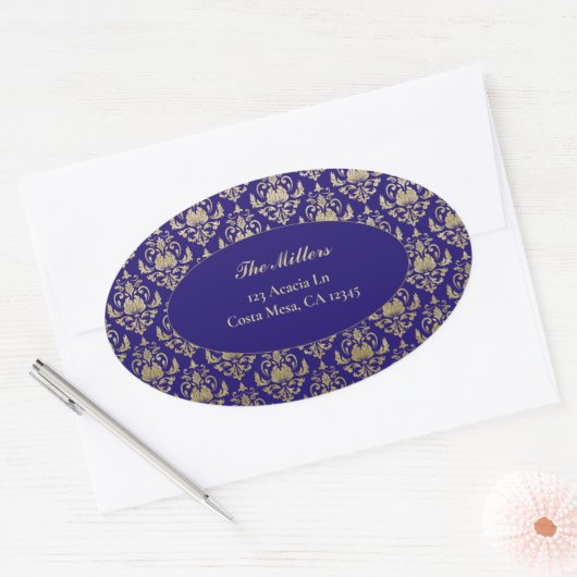 紫色金ゴールドパター結婚ン差出人住所 楕円形シール (封筒)