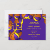 紫色金色团队颜色篮球生日 招待状 (正面)