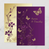 紫色金色花卉 蝴蝶婚礼邀请函 招待状 (正面/裏面)