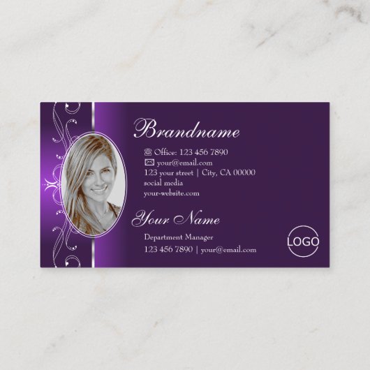 紫色鮮やかの白い四角い宝石のロゴ&写真 名刺 (裏面)