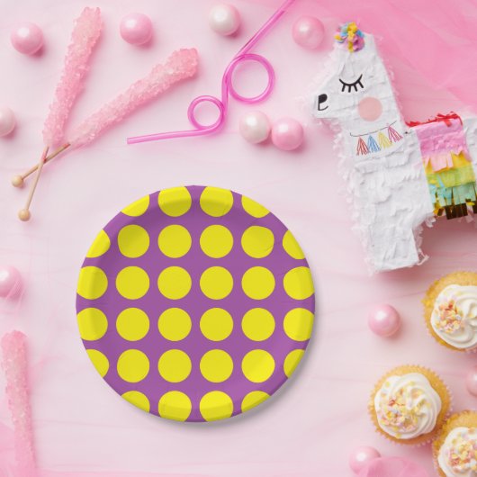 紫色黄色い水玉模様 ペーパープレート (パーティー)