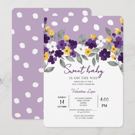 紫色 | カラフルな花のベイビーシャワー 招待状 (正面/裏面)