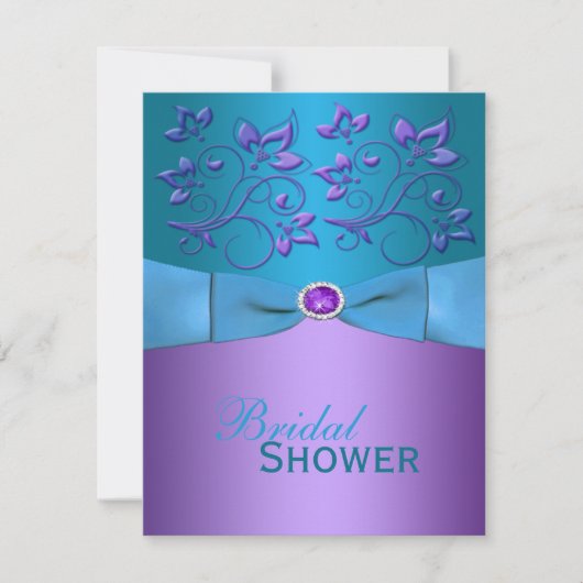 紫色、ターコイズの花のブライダルシャワーの招待 招待状 (正面)