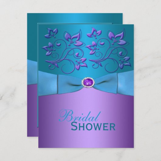 紫色、ターコイズの花のブライダルシャワーの招待 招待状 (正面/裏面)