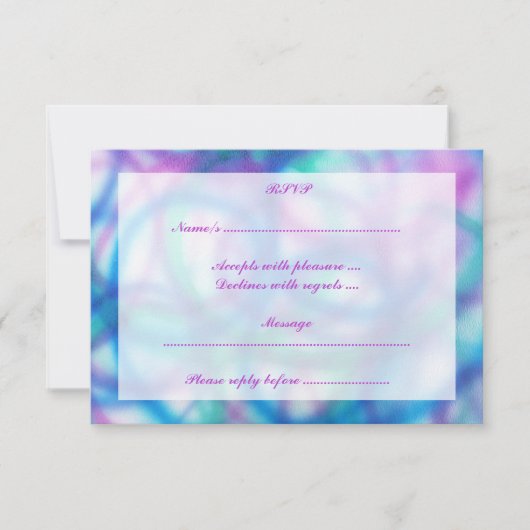 紫色、ティール（緑がかった色）および青いRSVP. 出欠カード (正面)