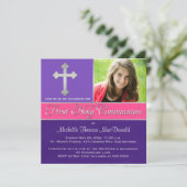 紫色、ピンクの第1聖餐式の写真の招待 招待状 (スタンド正面)