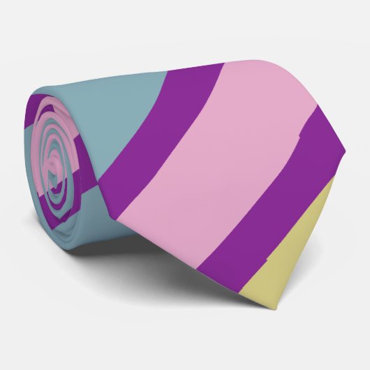 紫色、ピンク、ティール(緑がかった色)および黄色くストライプのなタイ ネクタイ (ロール)