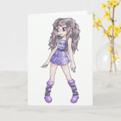 紫色(中ブランク)の女の子が付いている挨拶状 カード (黄色い花)