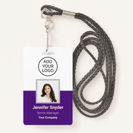 紫色、従業員の写真ID、QRコード付き、会社 バッジ (正面ランヤード)