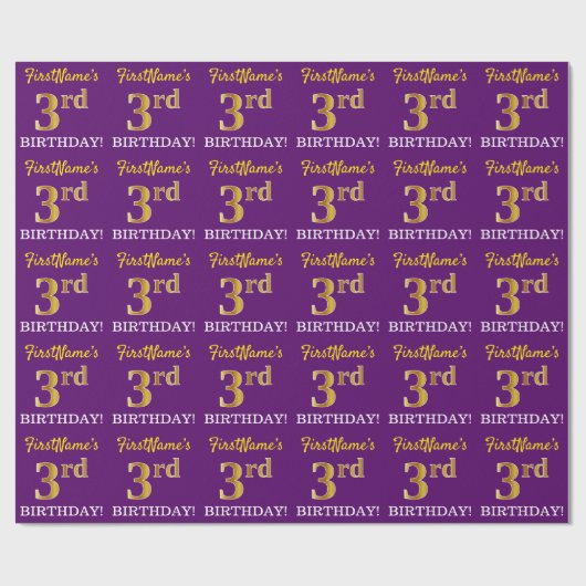 紫色、模造金ゴールドルック"3rd BIRTHDAY" ラッピングペーパー (フラット)