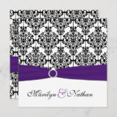 紫色、白く、および黒いダマスク織の正方形の招待II 招待状 (正面/裏面)