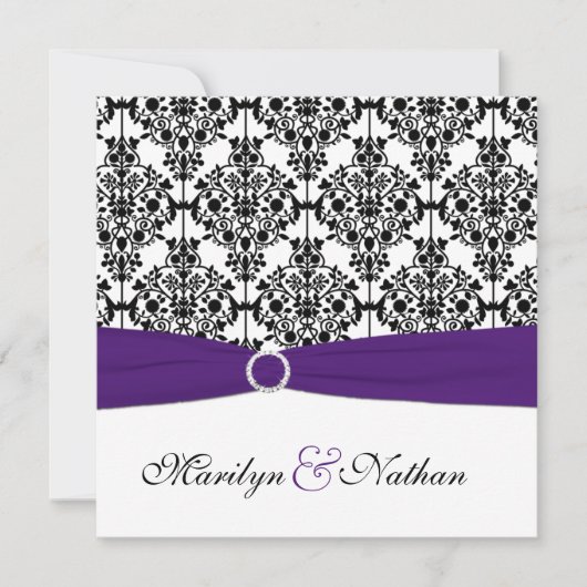 紫色、白く、および黒いダマスク織の正方形の招待II 招待状 (正面)