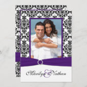 紫色、白く、黒いダマスク織の写真の結婚式の招待 招待状 (正面/裏面)