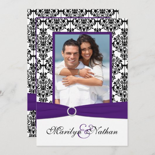 紫色、白く、黒いダマスク織の写真の結婚式の招待 招待状 (正面/裏面)