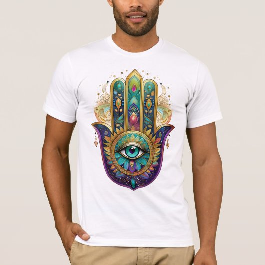 紫色 緑 金色 花びら ハムサ ターコイズ 第三の目 Tシャツ (正面)