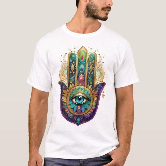 紫色 緑 金色 花弁 ハムサ ターコイズ 第三の目 Tシャツ (正面)