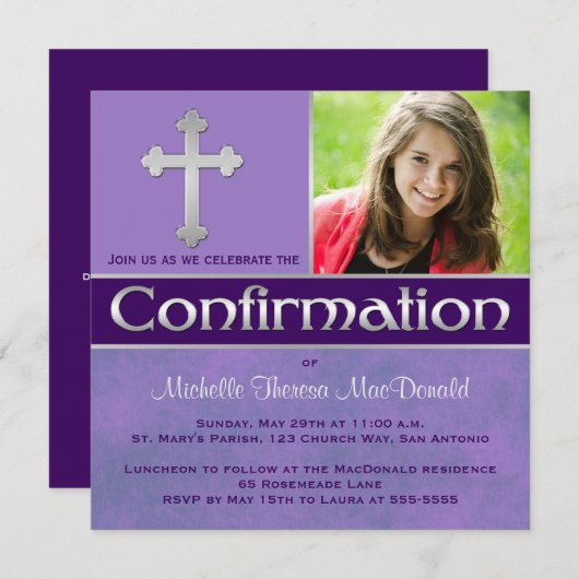 紫色、銀製の確認の写真の招待 招待状 (正面/裏面)