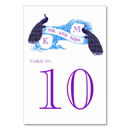 紫色、青の孔雀のヴィンテージの結婚 テーブルナンバー (正面)