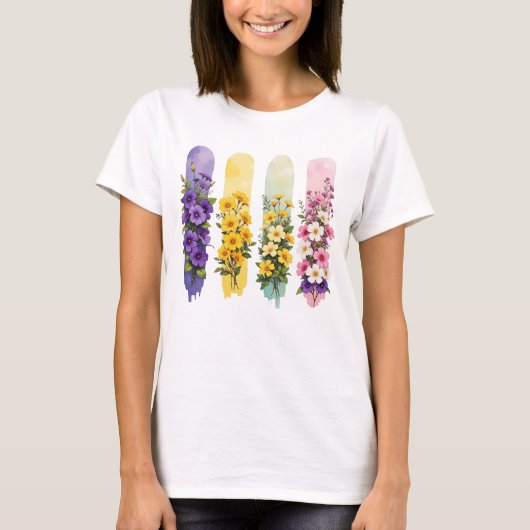紫色 黄色 ピンク 緑色 の野の花 Tシャツ (正面)