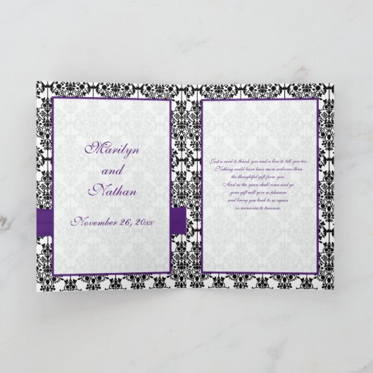 紫色、黒く、および白いダマスク織のサンキューカード サンキューカード (内部)