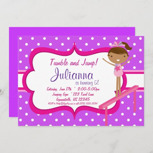 紫色nのピンクの体操の誕生日のパーティの招待状 招待状 (正面/裏面)