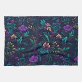 紫花とティール（緑がかった色）離れ キッチンタオル (横)