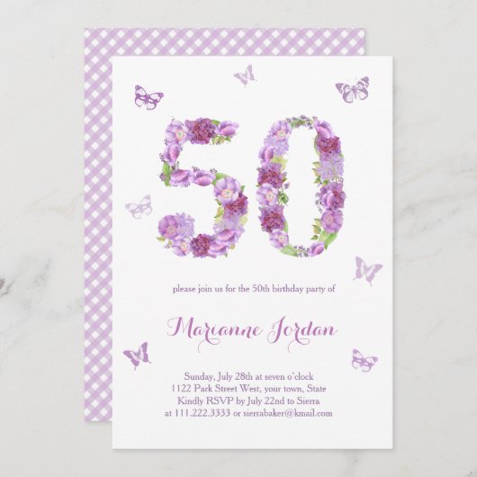 紫花と蝶50th誕生日パーティー 招待状 (正面/裏面)