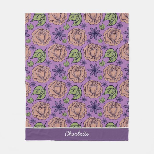 紫花の花柄の名の大花 フリースブランケット (正面)