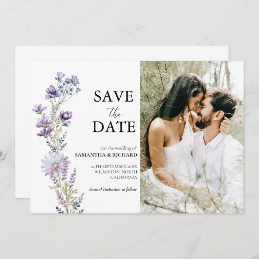 紫花エレガントの結婚式の日付を保存 招待状 (正面/裏面)