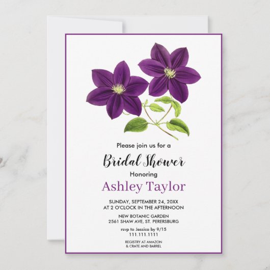 紫花エレガントぼほフローラブライダルシャワー 招待状 (正面)