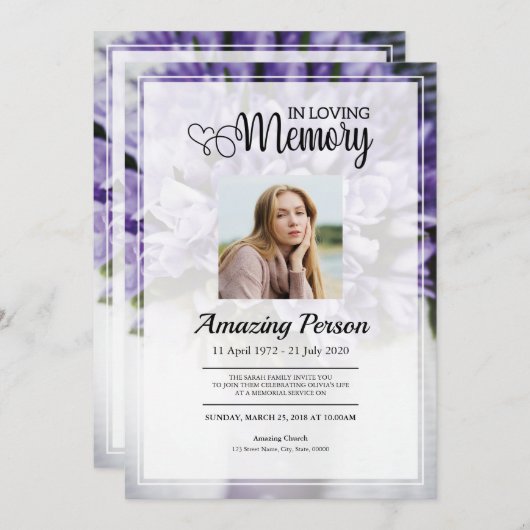 紫花束の葬儀案内カード 招待状 (正面/裏面)