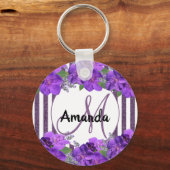 紫花模様白グリッターストライプモノグラム名 キーホルダー (裏面)