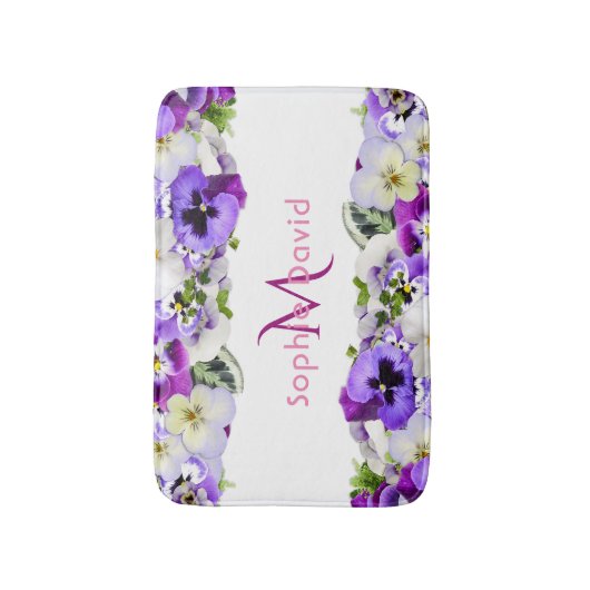 紫花模様白モノグラムエレガント バスマット (正面縦)